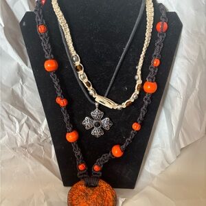 Handcrafted Orange and Black Beaded  3 Necklace and 1 bracelet set